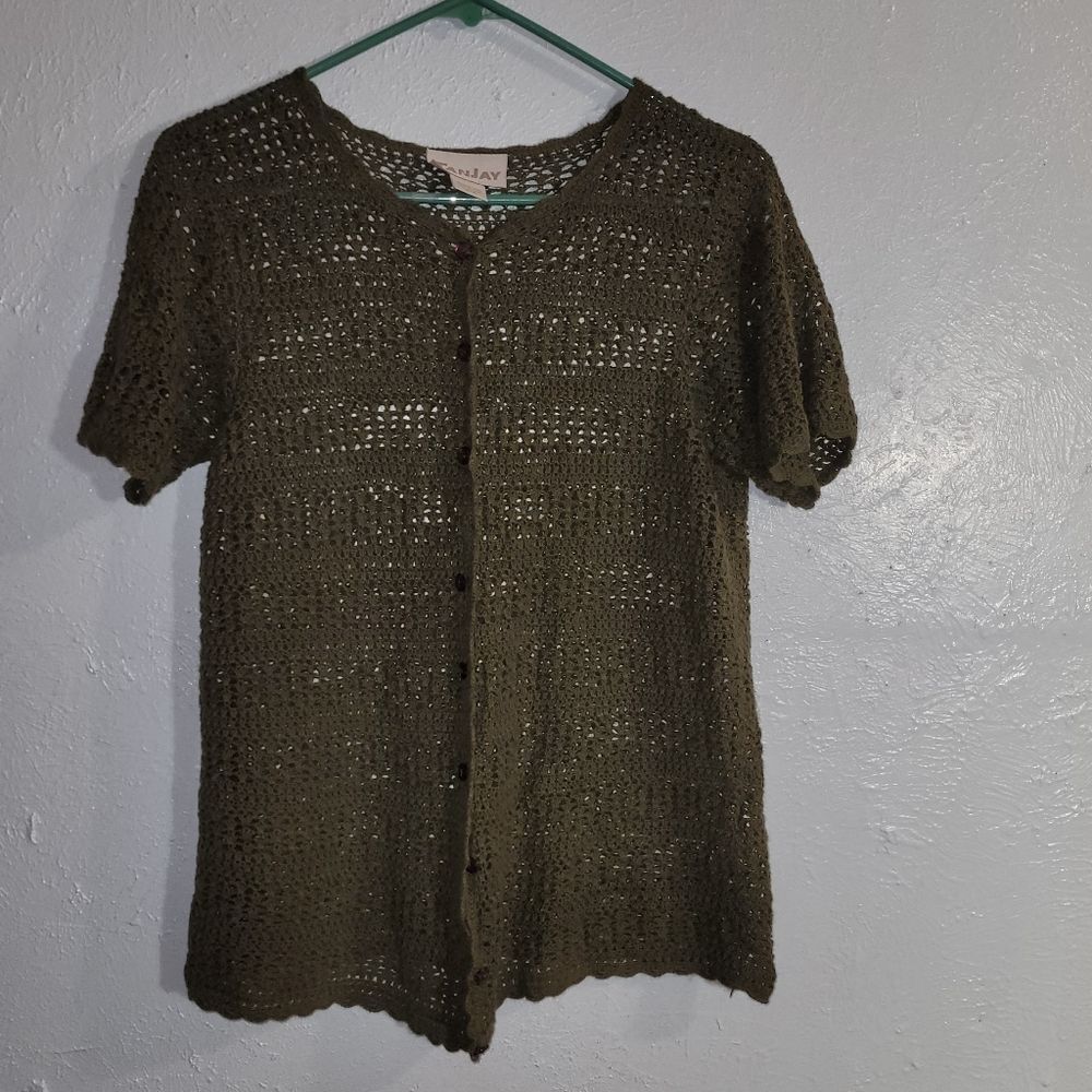 Tanjay Olive Green Crochet Knit Button-Down Top - Size M
